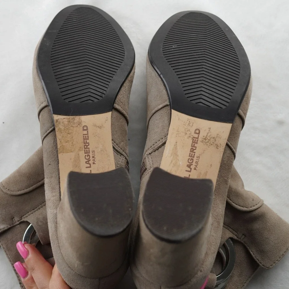 Karl Lagerfeld Paris Cosette Ankle Boots Women 6 Suede Buckle Block Heel Taupe